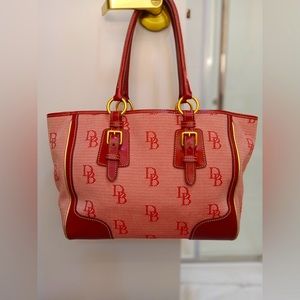 Authentic Dooney & Bourke Red Leather & Fabric Monogram Large Tote
